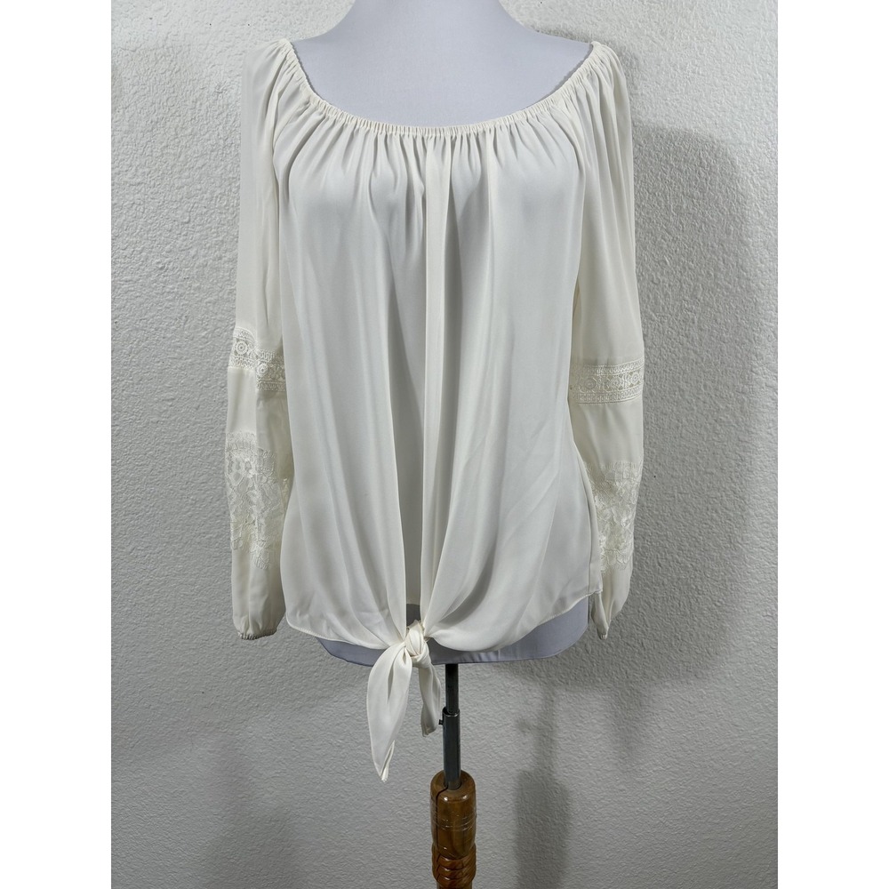 Thalia Sodi Shirt Womens Small White Off Shoulder Tie Front Lace Sleeve Boho